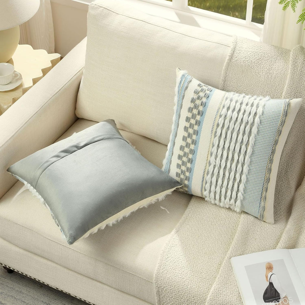 FUTEI Pack of 2 Boho Chenille Decorative Throw Pillow Covers 18x18 Inch Soft Plush Tufted Striped Textured Cushion Case,Farmhouse Accent for Couch Bed Living Room, Grey