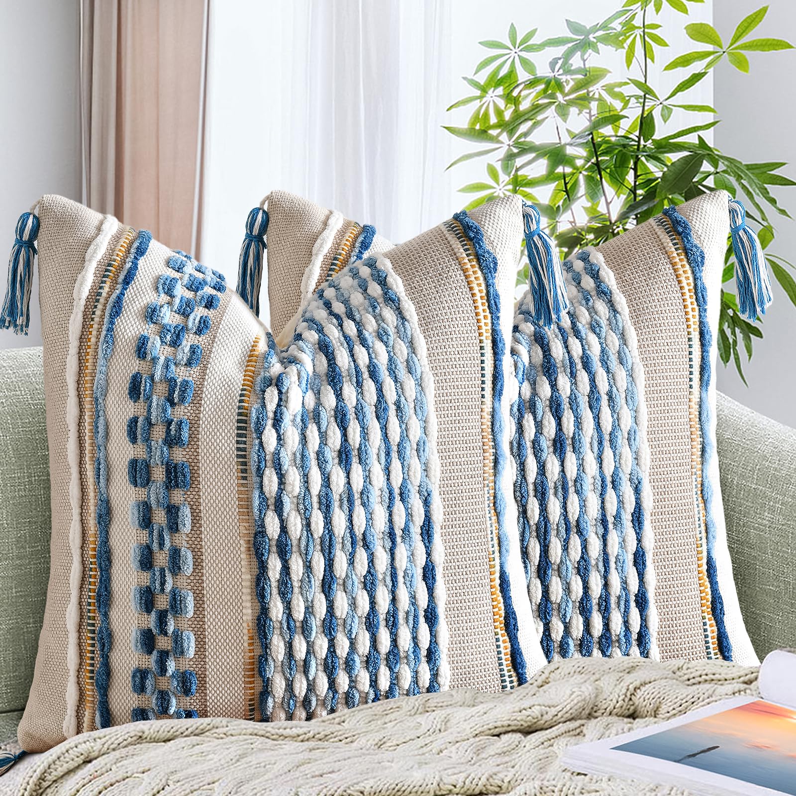 AmHoo Chenille Striped Textured Boho Throw Pillow Covers Aesthetic with Tassels Woven Decorative Pillow Case for Couch Bed Sofa Bedroom Modern Funky 18 x 18-Inch Brown