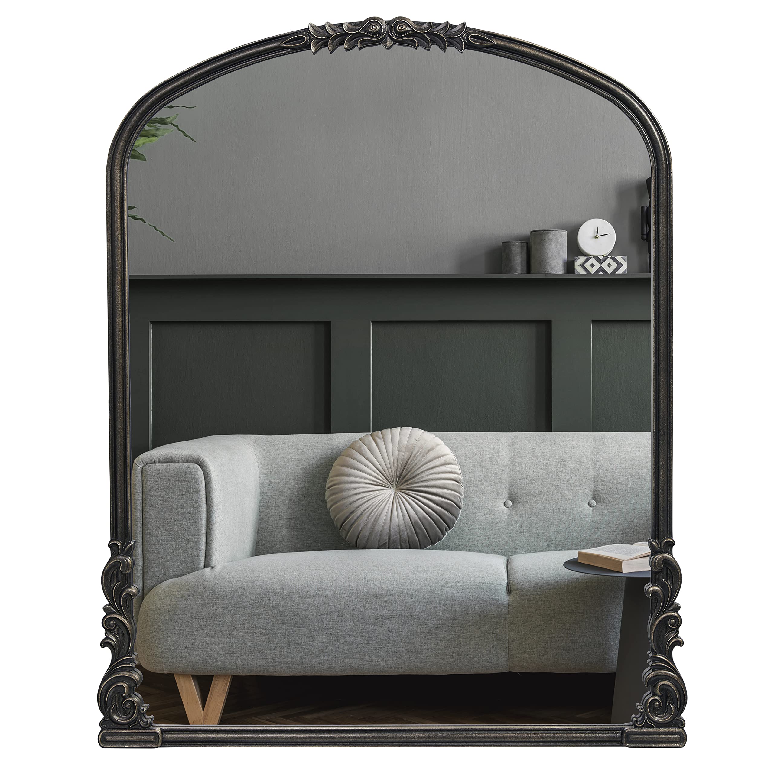 Wylde Iris English Estate Carved Arch Wood Wall Mirror, Mirror for Entryway, Living Room, Bathroom, Antique Black, 22x30