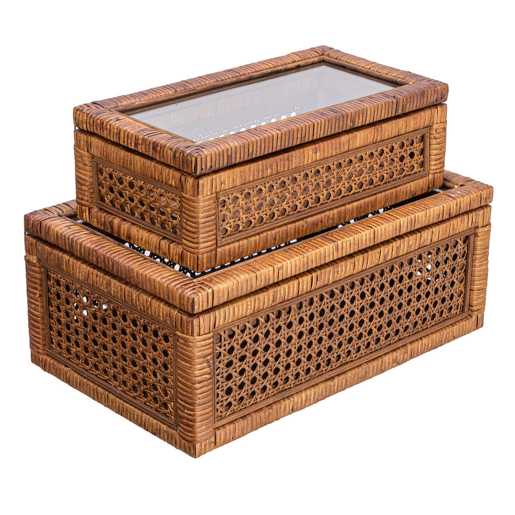 Creative Co-Op Modern Decorative Square Woven Rattan and Wood Display Boxes with Glass Top, Set of 2 Sizes, Dark Brown Finish