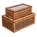 Creative Co-Op Modern Decorative Square Woven Rattan and Wood Display Boxes with Glass Top, Set of 2 Sizes, Dark Brown Finish