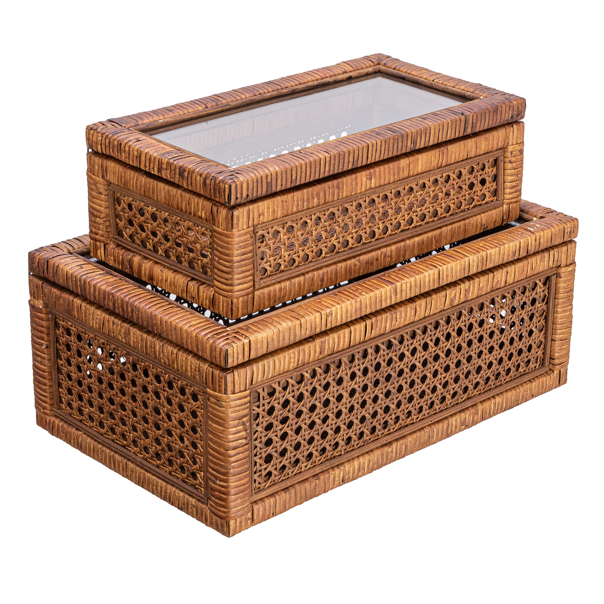 Creative Co-Op Modern Decorative Square Woven Rattan and Wood Display Boxes with Glass Top, Set of 2 Sizes, Dark Brown Finish