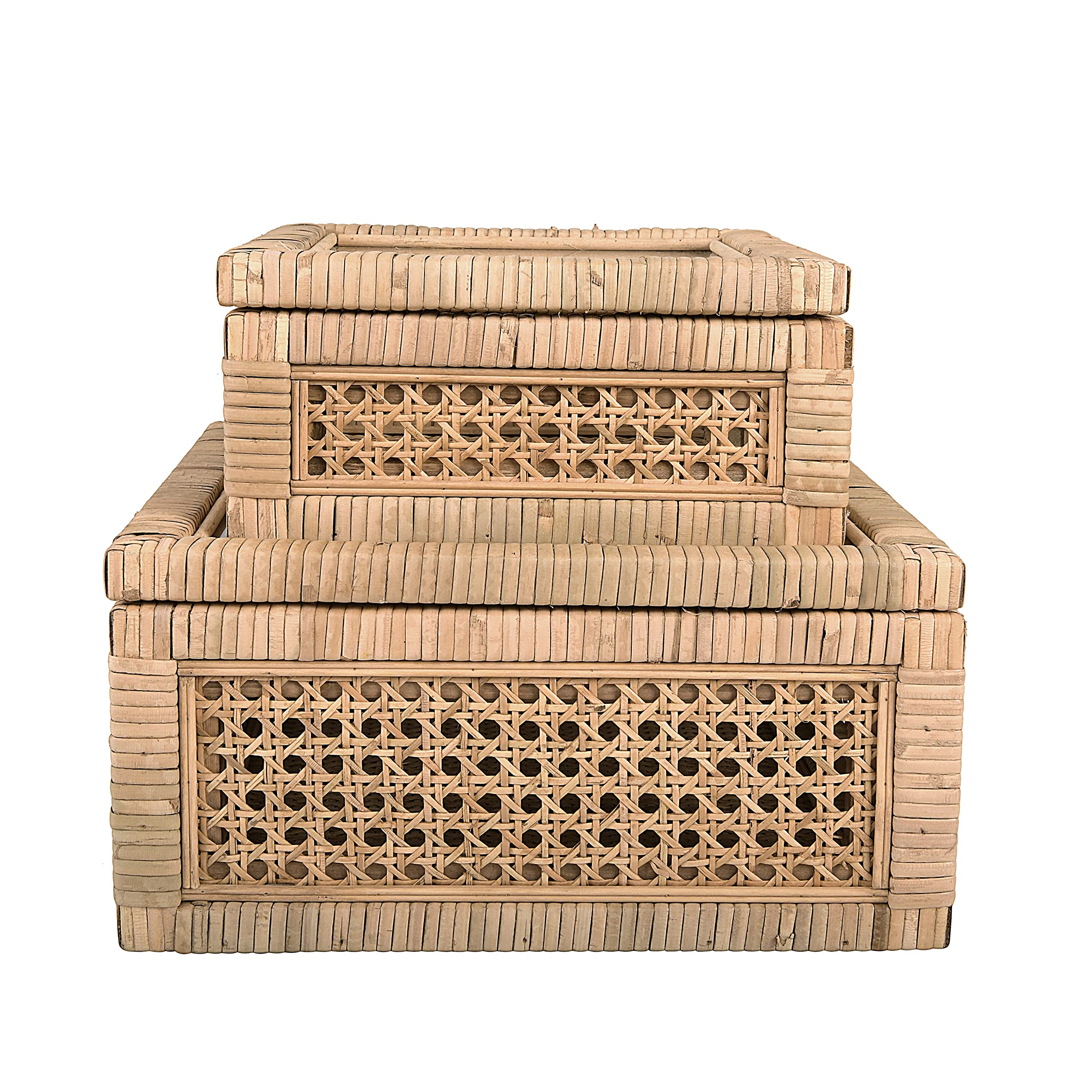 Creative Co-Op Modern Decorative Square Woven Rattan and Wood Display Boxes with Glass Top, Set of 2 Sizes, Dark Brown Finish