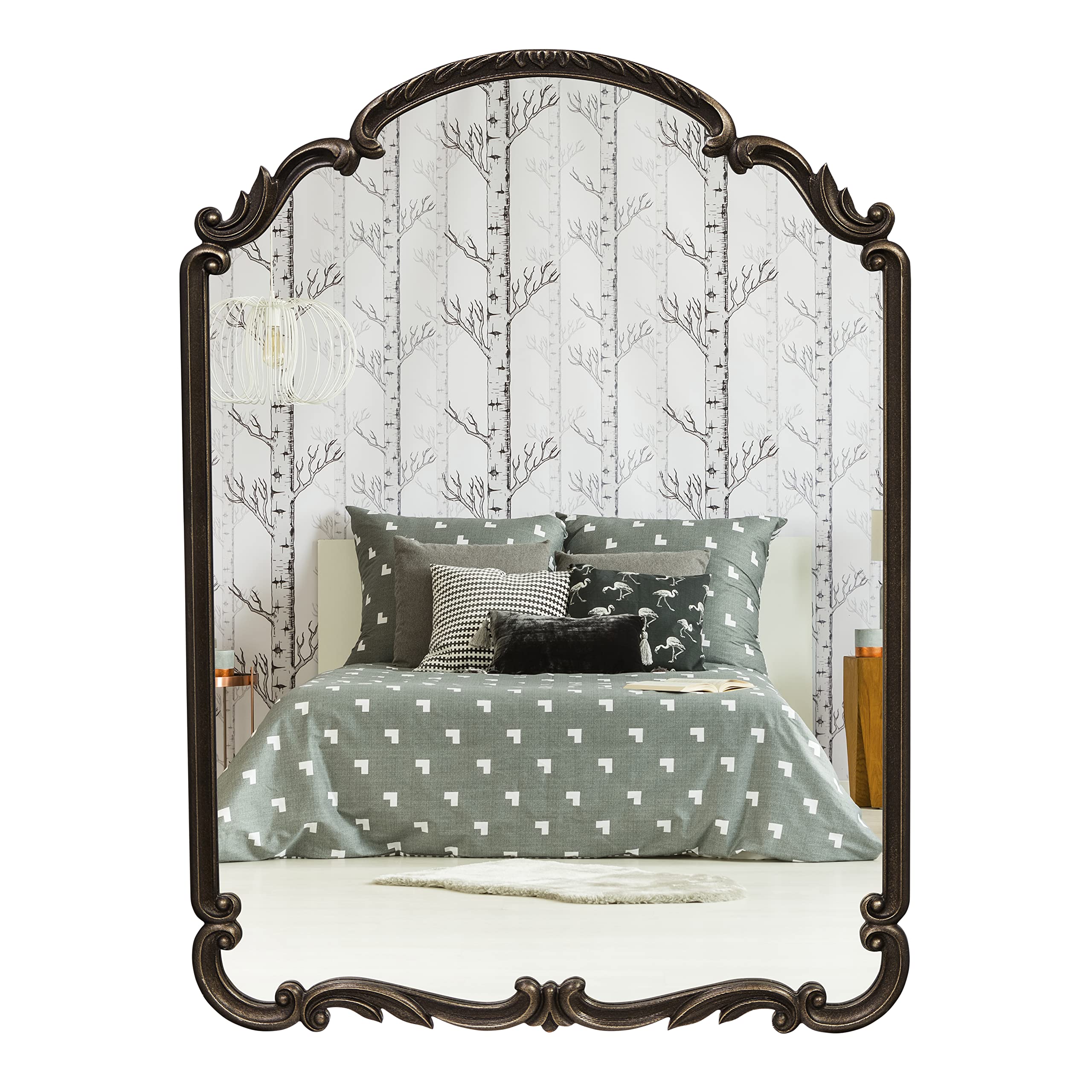 Wylde Iris English Estate Carved Arch Wood Wall Mirror, Mirror for Entryway, Living Room, Bathroom, Antique Black, 22x30