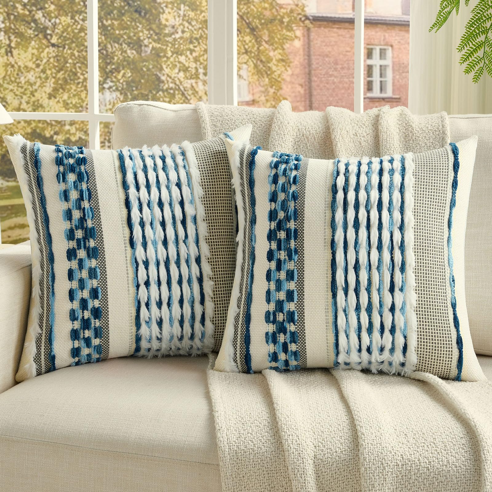 FUTEI Pack of 2 Boho Chenille Decorative Throw Pillow Covers 18x18 Inch Soft Plush Tufted Striped Textured Cushion Case,Farmhouse Accent for Couch Bed Living Room, Grey