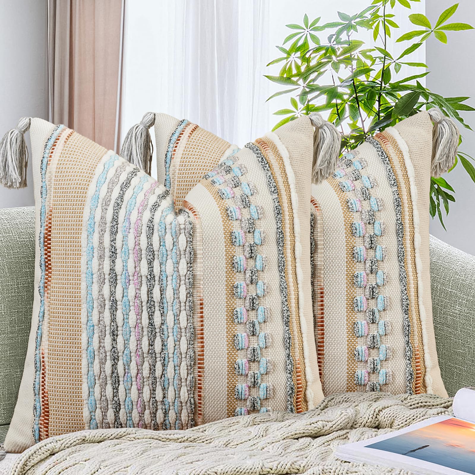 Set of 2 Grey 18×18 Inch Chenille Striped Pillow Covers, Boho Tassel Woven Couch Cushion Cases