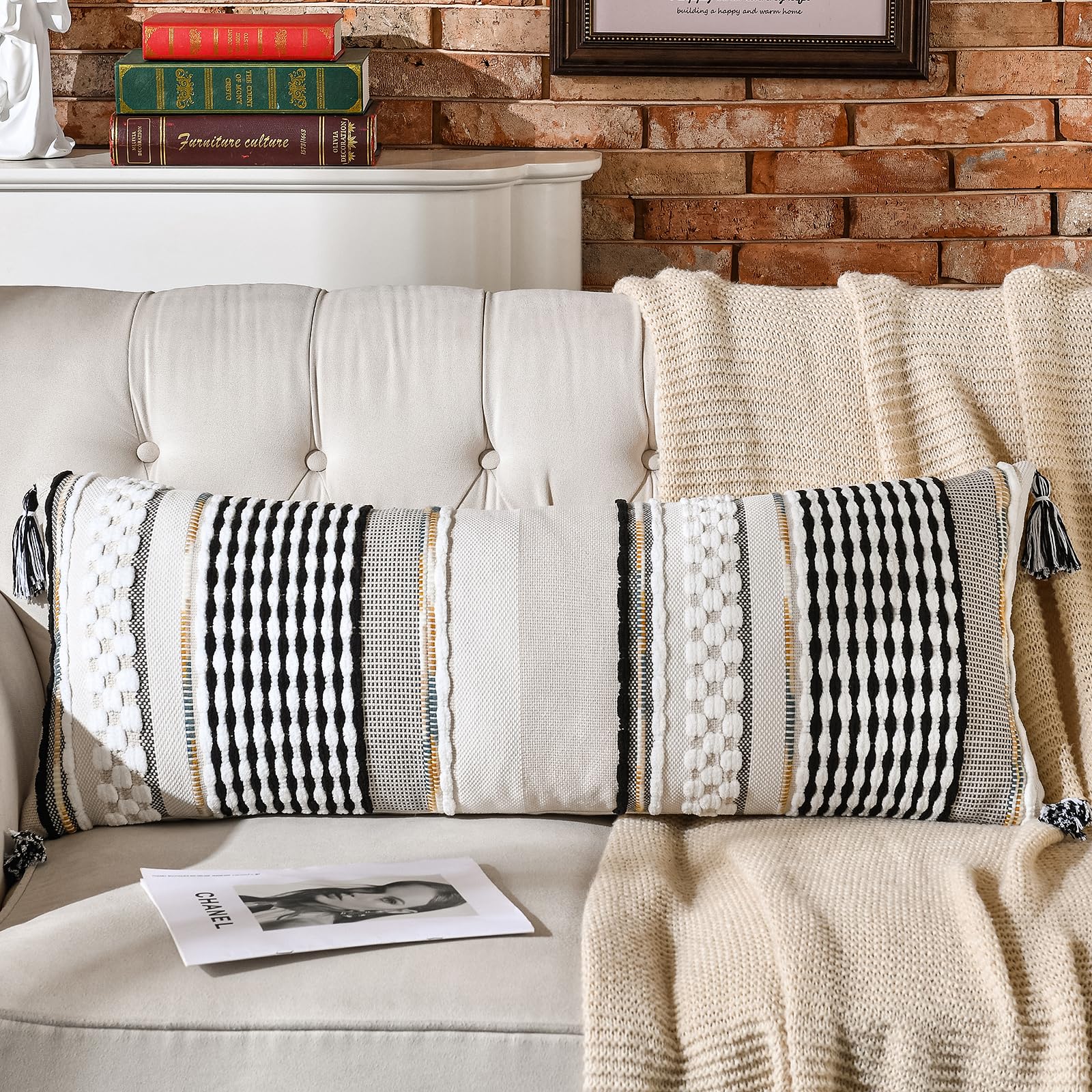 Set of 2 Grey 18×18 Inch Chenille Striped Pillow Covers, Boho Tassel Woven Couch Cushion Cases