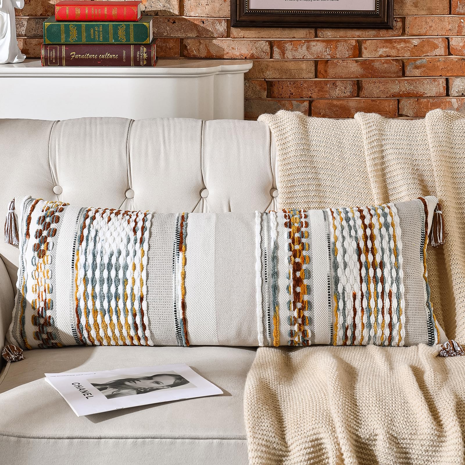 Set of 2 Grey 18×18 Inch Chenille Striped Pillow Covers, Boho Tassel Woven Couch Cushion Cases