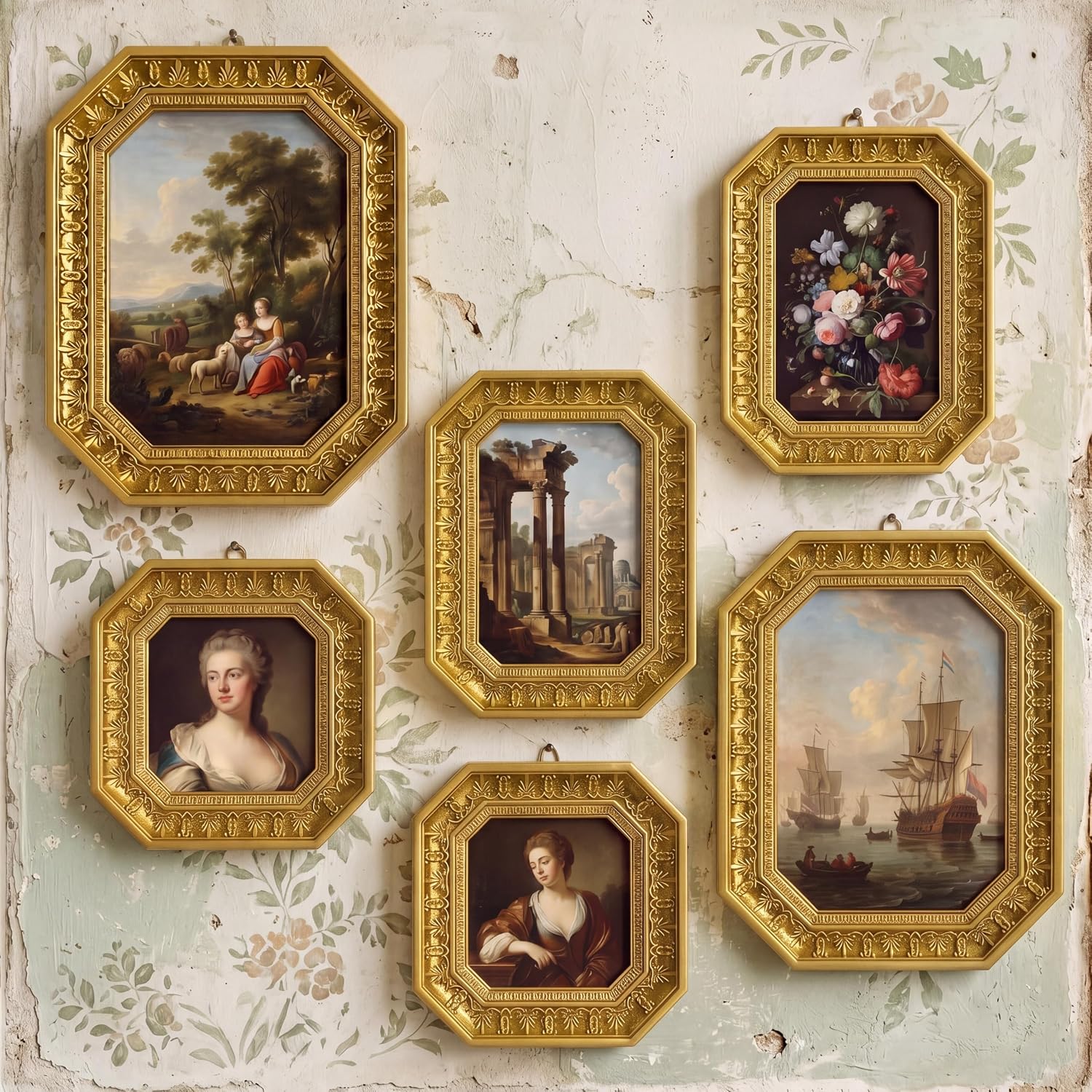 Kathfly 6 Pcs Vintage Gold Picture Frames Set Antique Ornate Photo Frame Collection Victorian Retro Gallery Wall Decor for Wedding Gallery Wall and Tabletop (4 x 4, 4 x 6, 5 x 7 Inch)