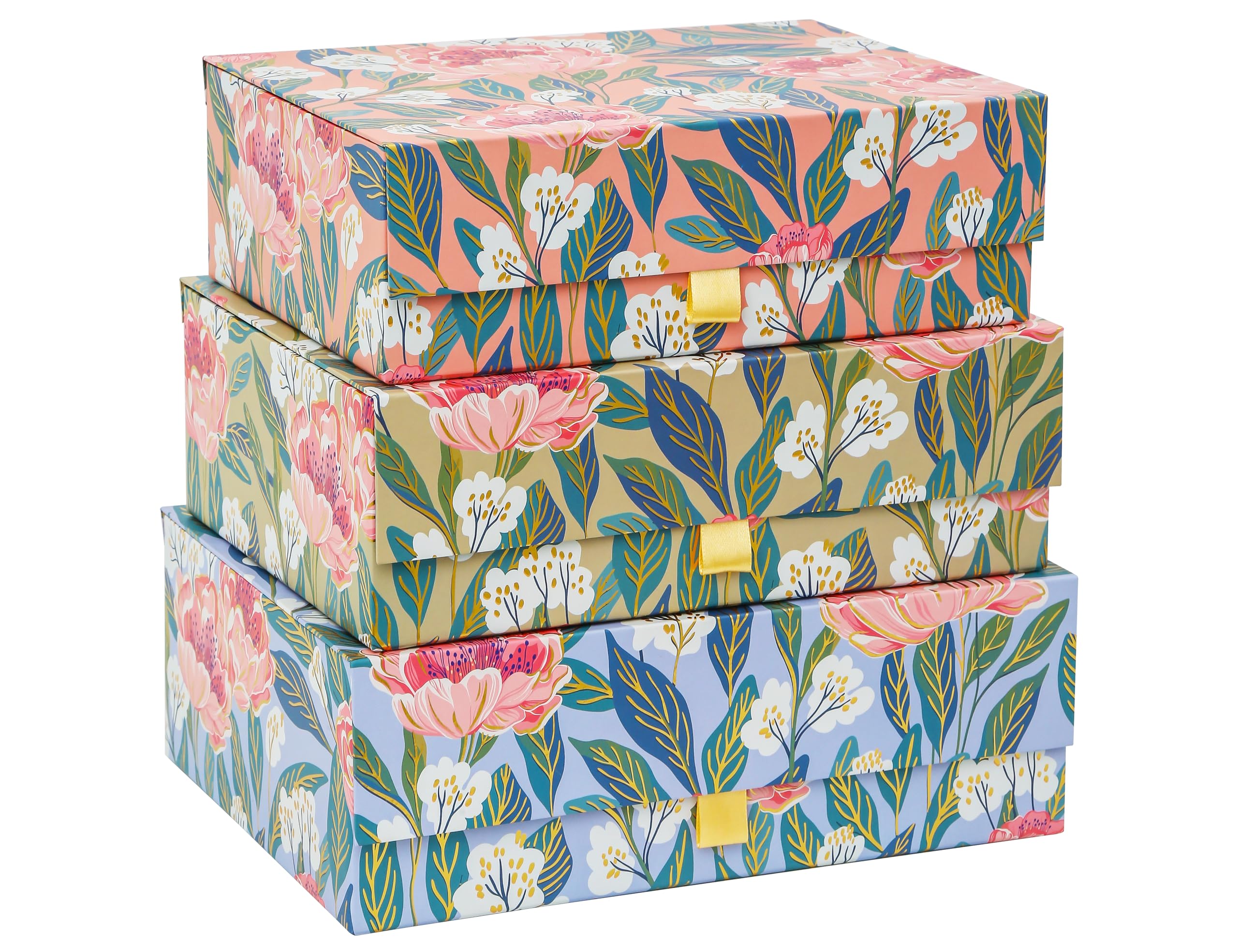 3-Piece Decorative Storage Boxes with Lids, Magnet and Ribbon, Blue, Green, Pink, Floral, Cardboard Paper Keepsake box Set, Photo Storage Box for Memory, Modern Stylish Home Decor