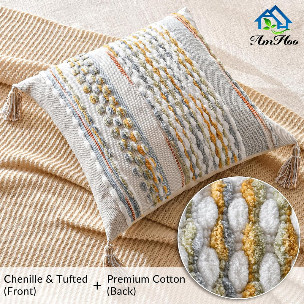 Set of 2 Grey 18×18 Inch Chenille Striped Pillow Covers, Boho Tassel Woven Couch Cushion Cases