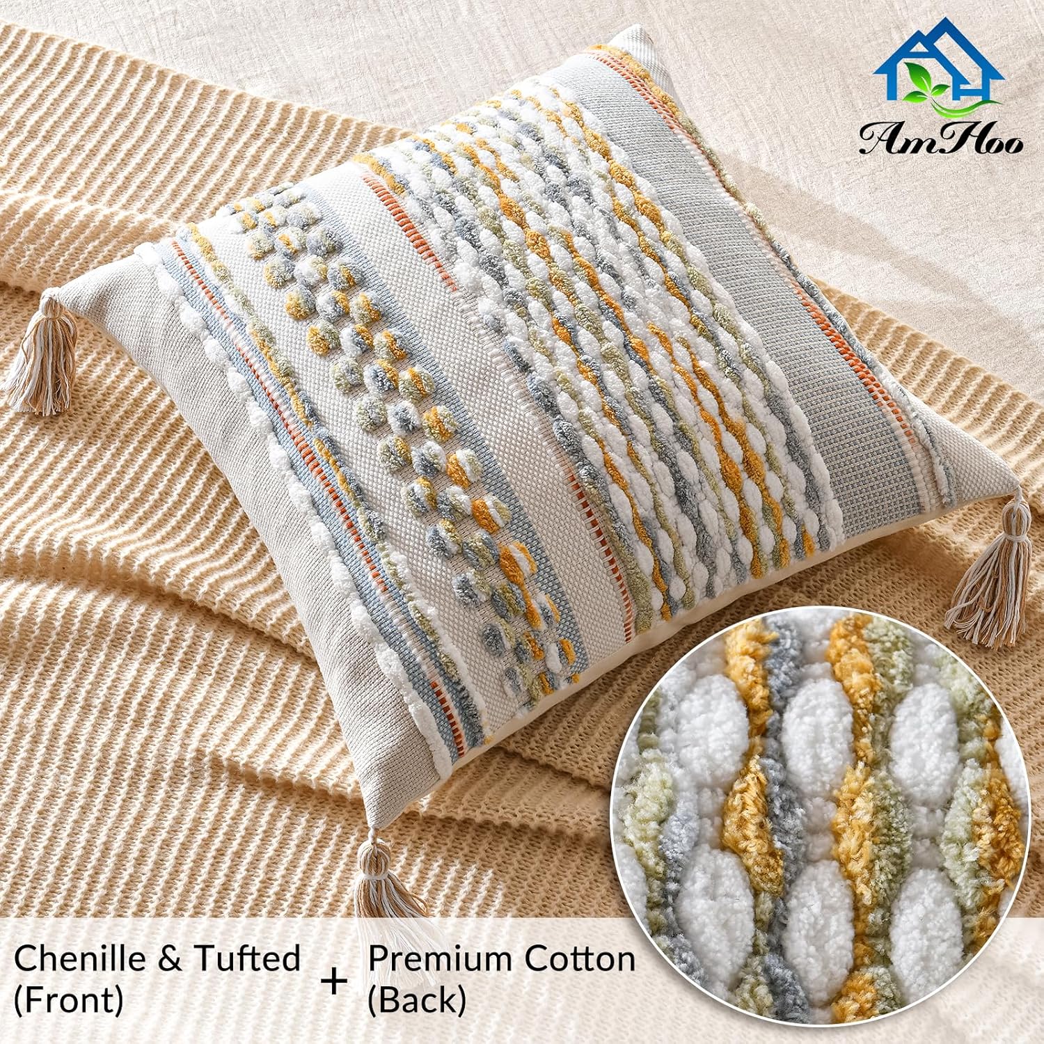 Set of 2 Grey 18×18 Inch Chenille Striped Pillow Covers, Boho Tassel Woven Couch Cushion Cases