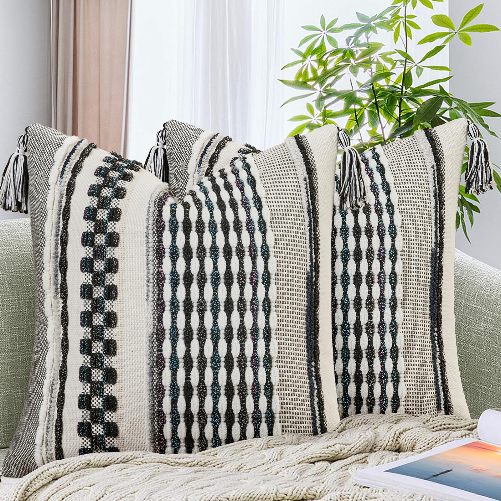 Set of 2 Grey 18×18 Inch Chenille Striped Pillow Covers, Boho Tassel Woven Couch Cushion Cases