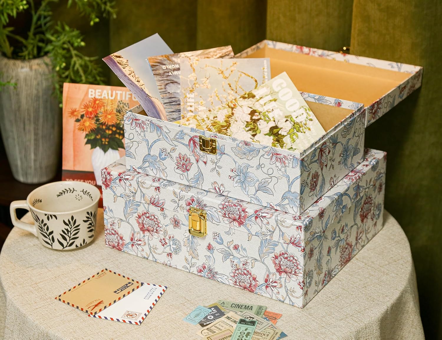 2-Piece Decorative Storage Boxes with Lids, Illustrated Botanical Floral Design in Soft Vintage Tones, Keepsake Boxes with Decorative Metal Closure, Memory Storage Boxes for Home Décor