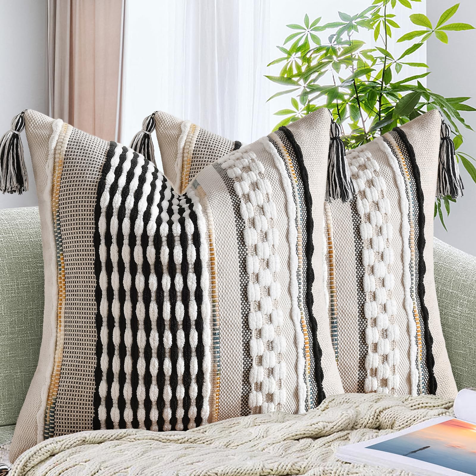 Set of 2 Grey 18×18 Inch Chenille Striped Pillow Covers, Boho Tassel Woven Couch Cushion Cases