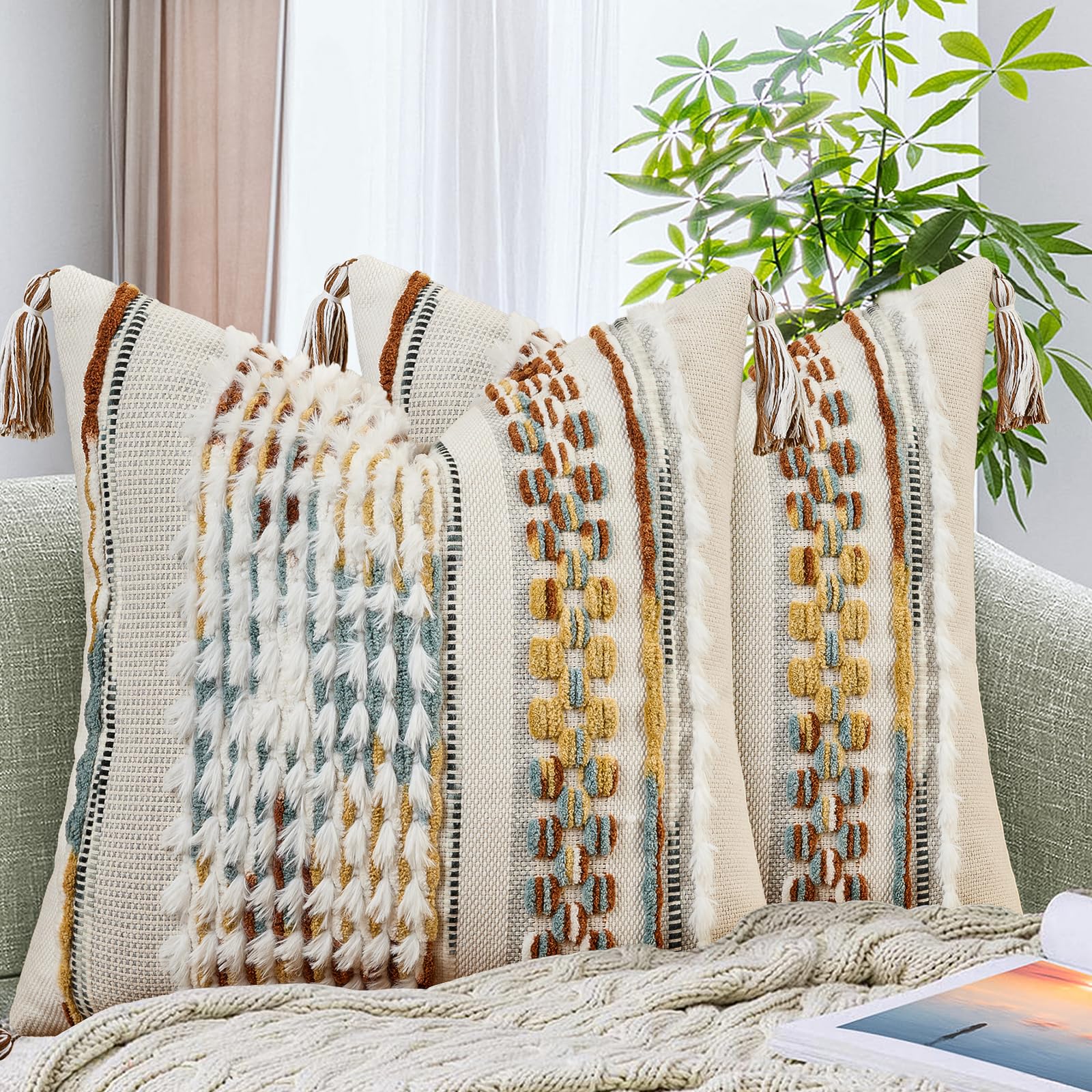 AmHoo Chenille Striped Textured Boho Throw Pillow Covers Aesthetic with Tassels Woven Decorative Pillow Case for Couch Bed Sofa Bedroom Modern Funky 18 x 18-Inch Brown