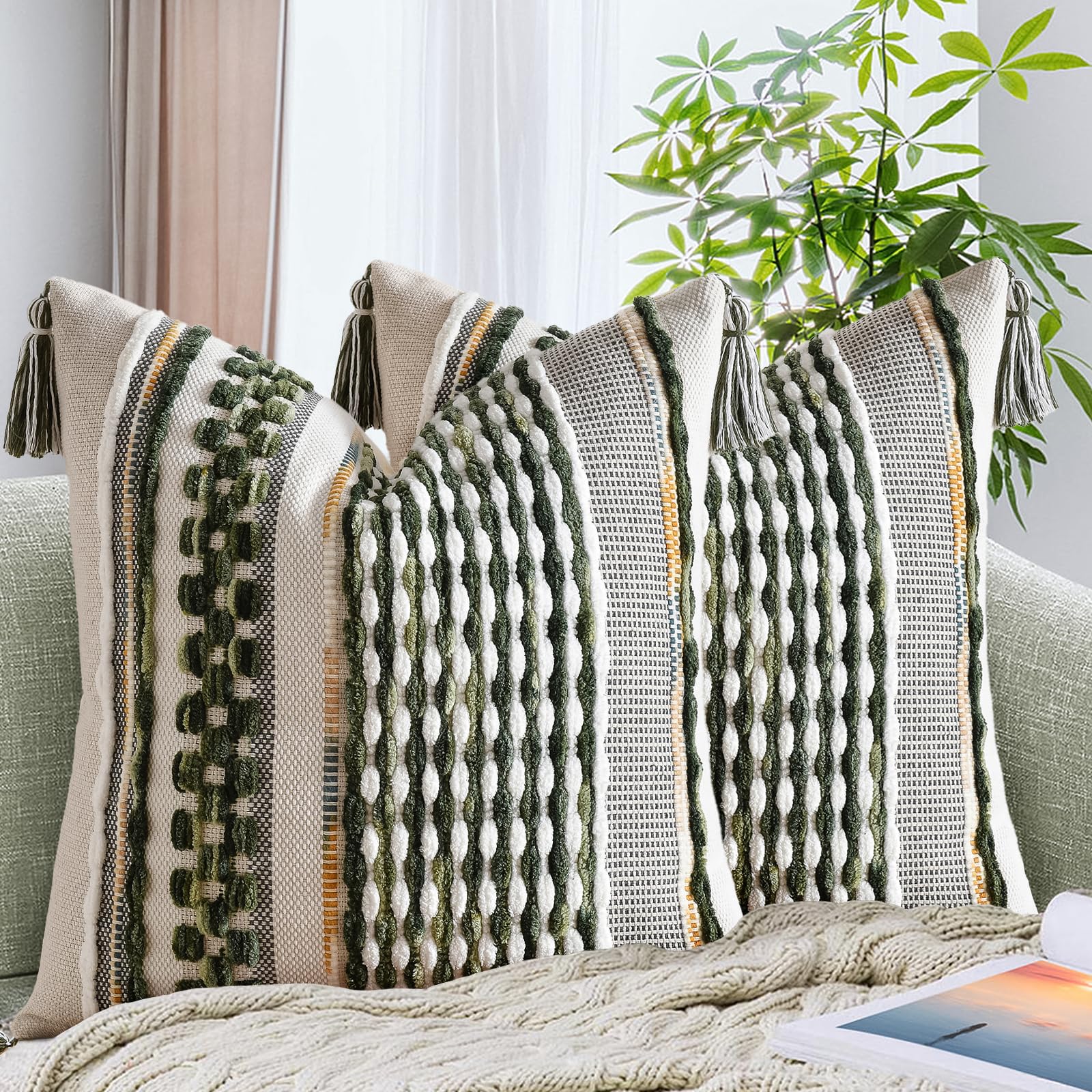 Set of 2 Grey 18×18 Inch Chenille Striped Pillow Covers, Boho Tassel Woven Couch Cushion Cases
