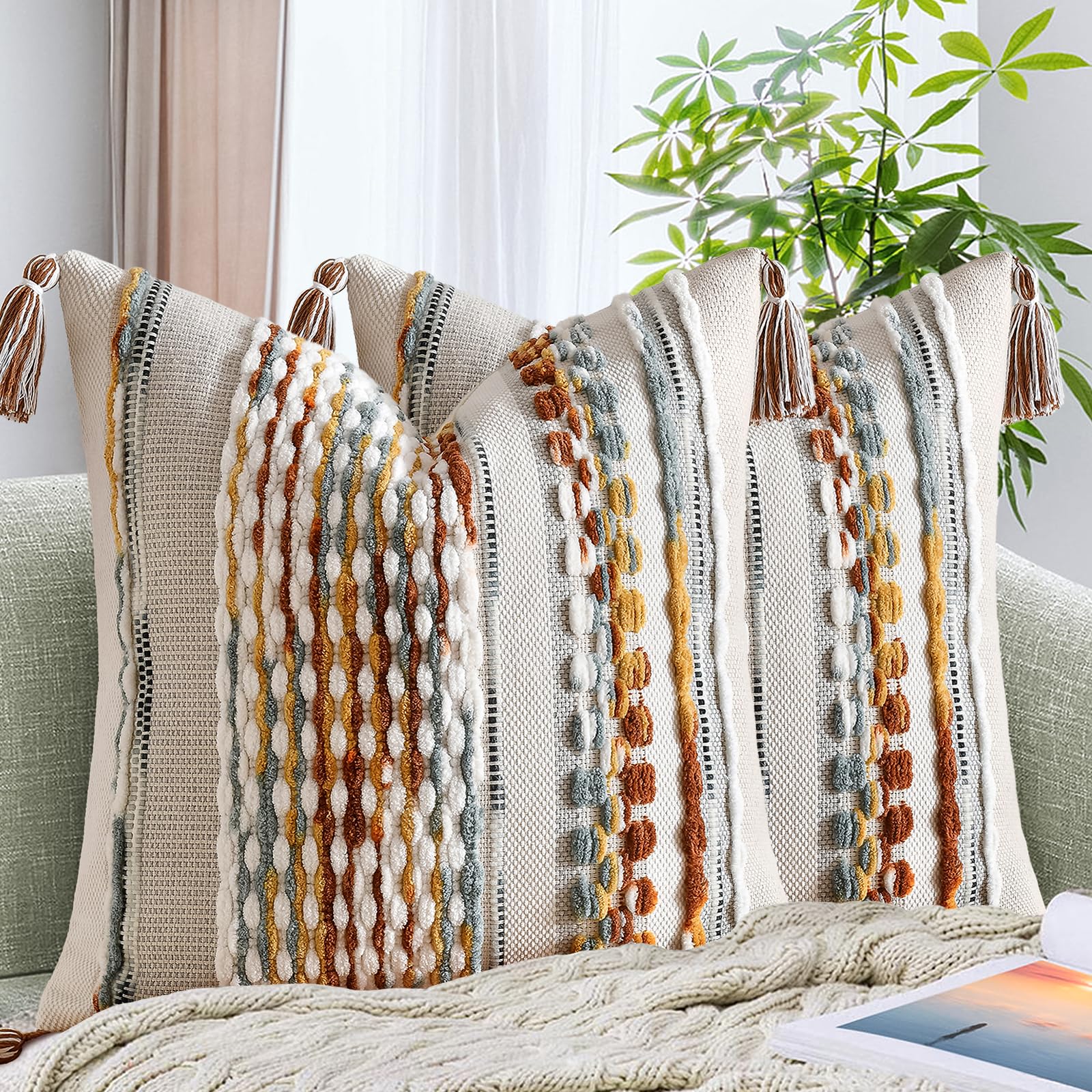 Set of 2 Grey 18×18 Inch Chenille Striped Pillow Covers, Boho Tassel Woven Couch Cushion Cases