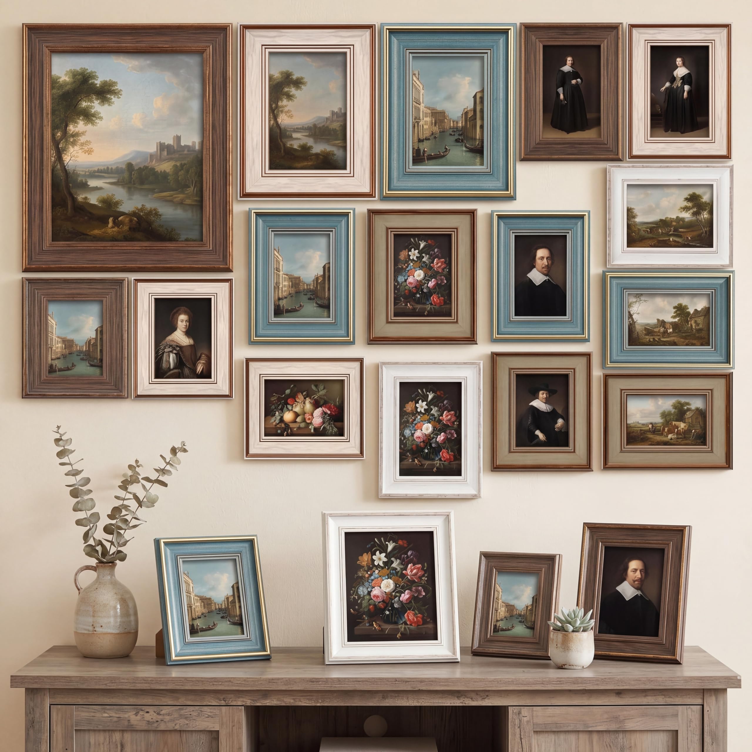 Kathfly 20 Pack Vintage Picture Frames for Wall or Tabletop Display Ornate Vintage Picture Frame 8x10 5x7 4x6 3.5x5 French Country Photo Frame for Gallery Farmhouse Bedroom Living Room Decor(Retro)