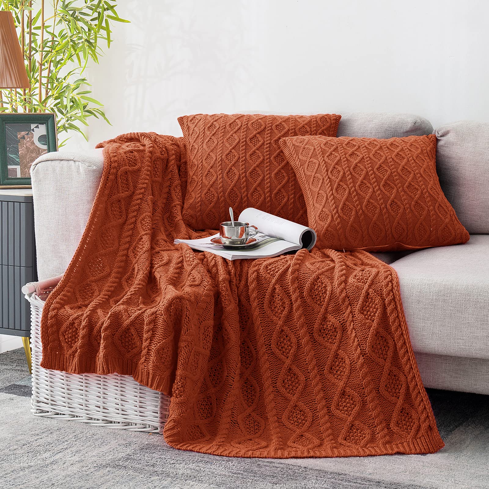 Homiest Cable Knit Throw Blanket and Pillow Set, Sage Green Set of 3, Knitted Throw (50"x60") & 2 Pillow Covers (18"x18"), Soft & Cozy Decorative for Couch Bed Sofa