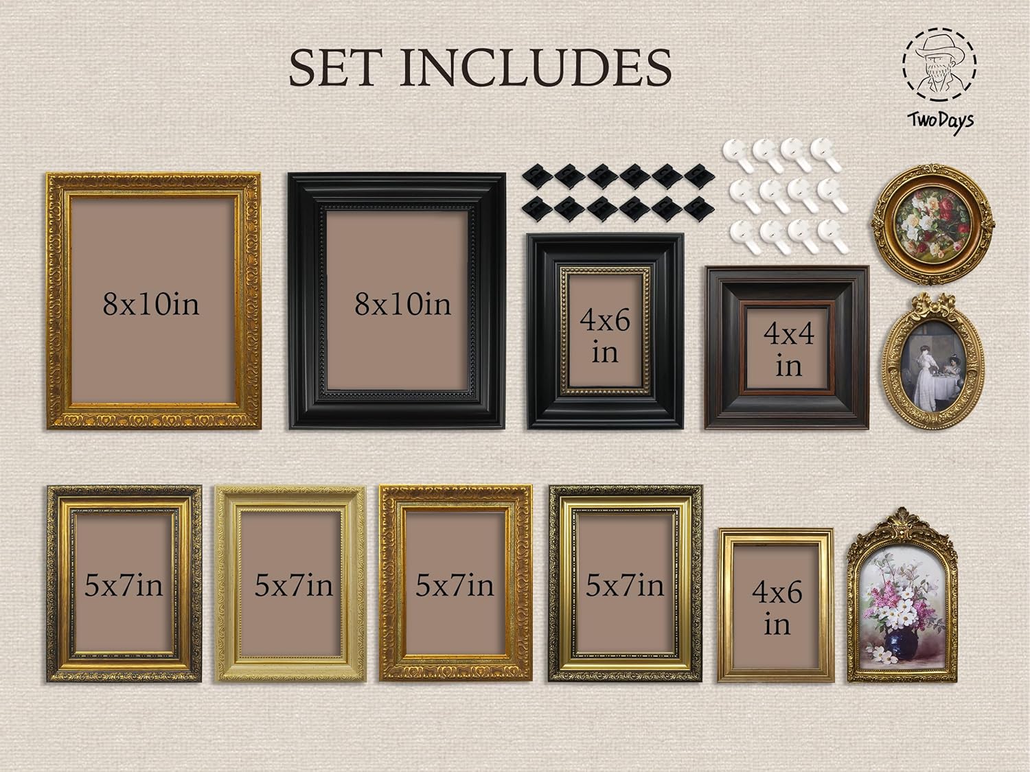 TwoDays 12 Pcs Vintage Picture Frame Set for Gallery Wall — Antique Gold & Brass, Sizes 8x10, 5x7, 4x6 | Wall & Tabletop | Shatterproof Acrylic | Home Decor