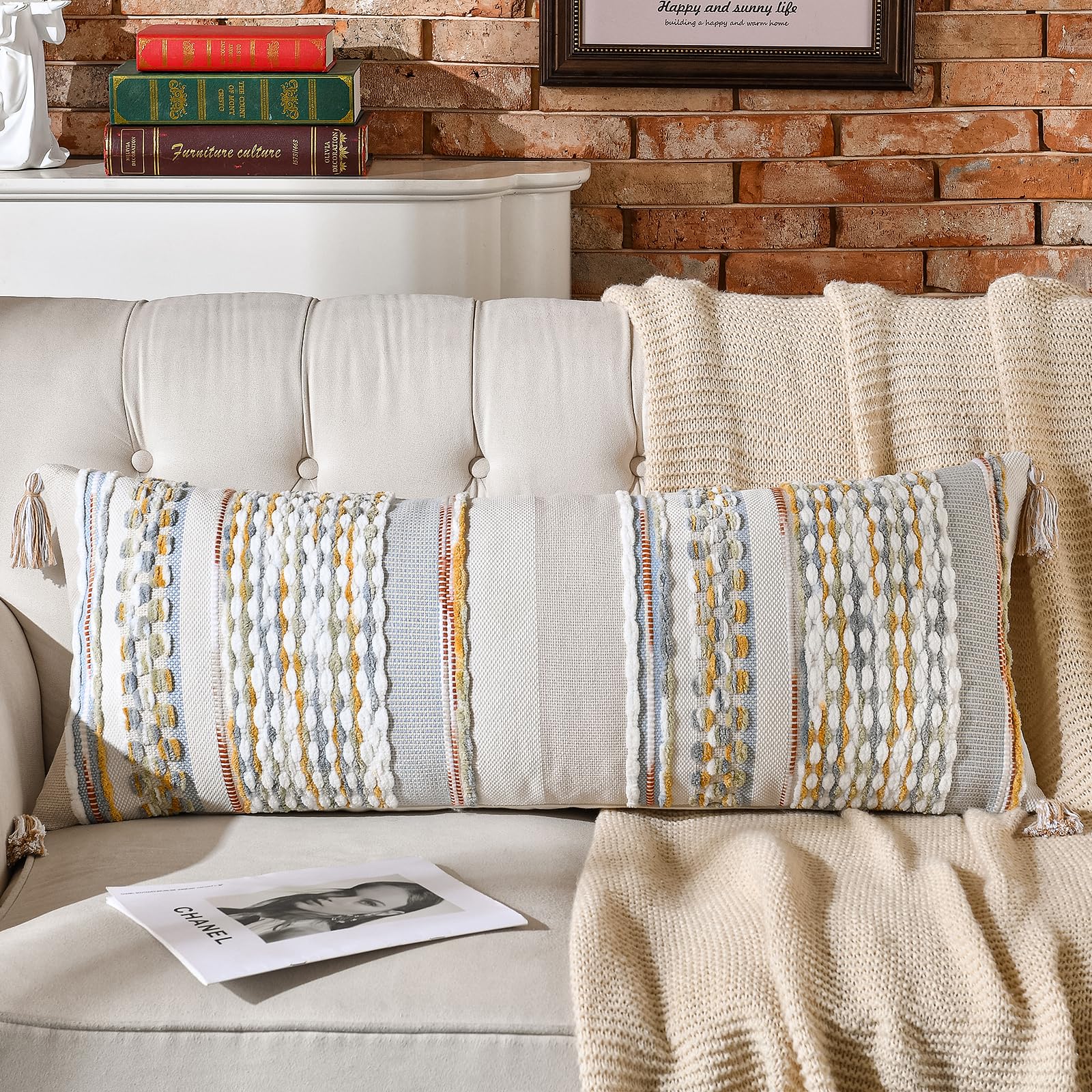 AmHoo Chenille Striped Textured Boho Throw Pillow Covers Aesthetic with Tassels Woven Decorative Pillow Case for Couch Bed Sofa Bedroom Modern Funky 18 x 18-Inch Brown