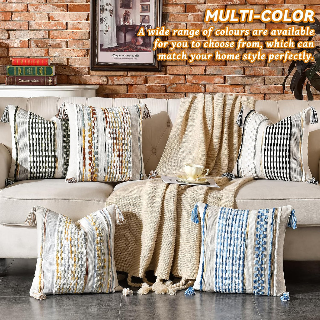 Set of 2 Grey 18×18 Inch Chenille Striped Pillow Covers, Boho Tassel Woven Couch Cushion Cases