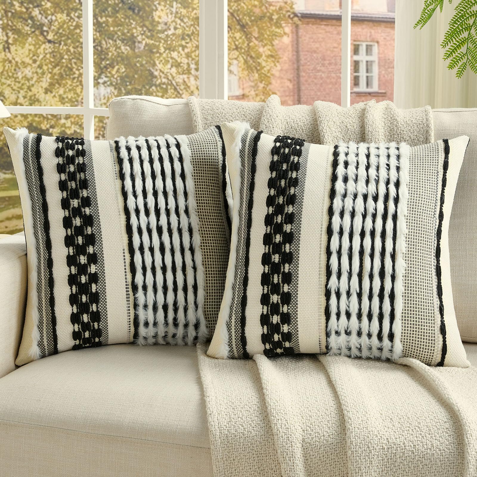 FUTEI Pack of 2 Boho Chenille Decorative Throw Pillow Covers 18x18 Inch Soft Plush Tufted Striped Textured Cushion Case,Farmhouse Accent for Couch Bed Living Room, Grey