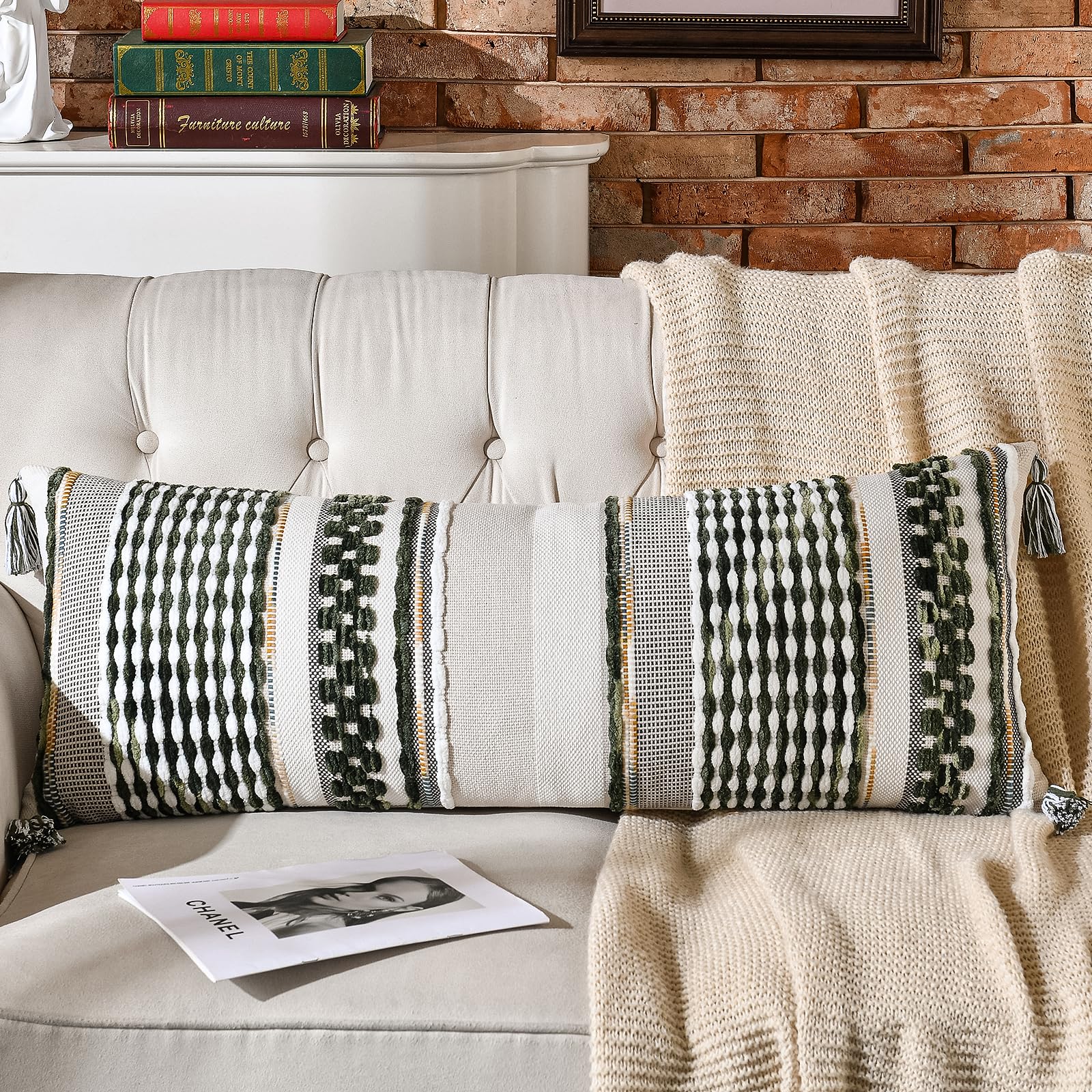 AmHoo Chenille Striped Textured Boho Throw Pillow Covers Aesthetic with Tassels Woven Decorative Pillow Case for Couch Bed Sofa Bedroom Modern Funky 18 x 18-Inch Brown