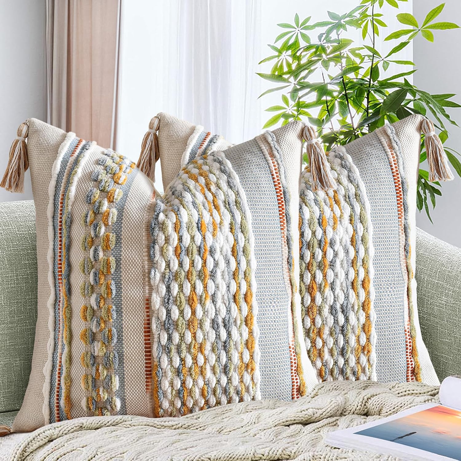 Set of 2 Grey 18×18 Inch Chenille Striped Pillow Covers, Boho Tassel Woven Couch Cushion Cases