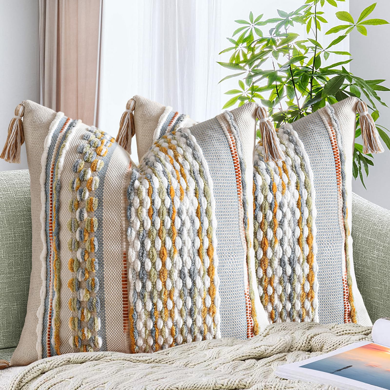 Set of 2 Grey 18×18 Inch Chenille Striped Pillow Covers, Boho Tassel Woven Couch Cushion Cases