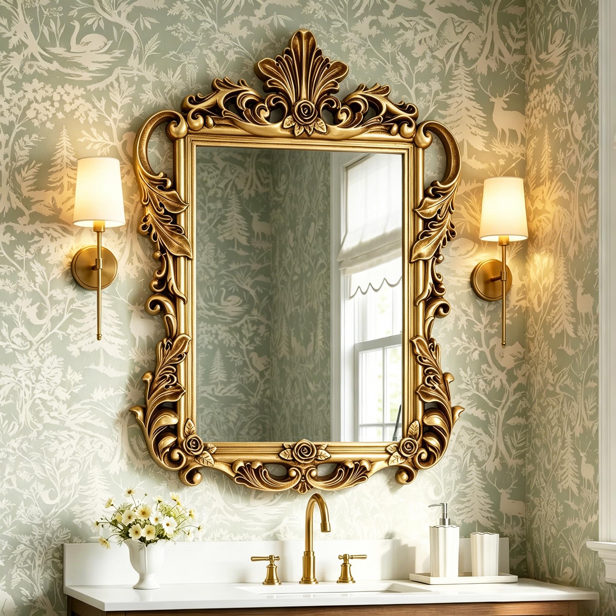 Gold Baroque Mirror - 26.3'' x 32.6'' Ornate Lightweight PU Frame, Vintage Decor Mirror for Living Room Fireplace Dining Room Entryway, Antique Mirrors with HD Reflection to Brighten & Expand Space