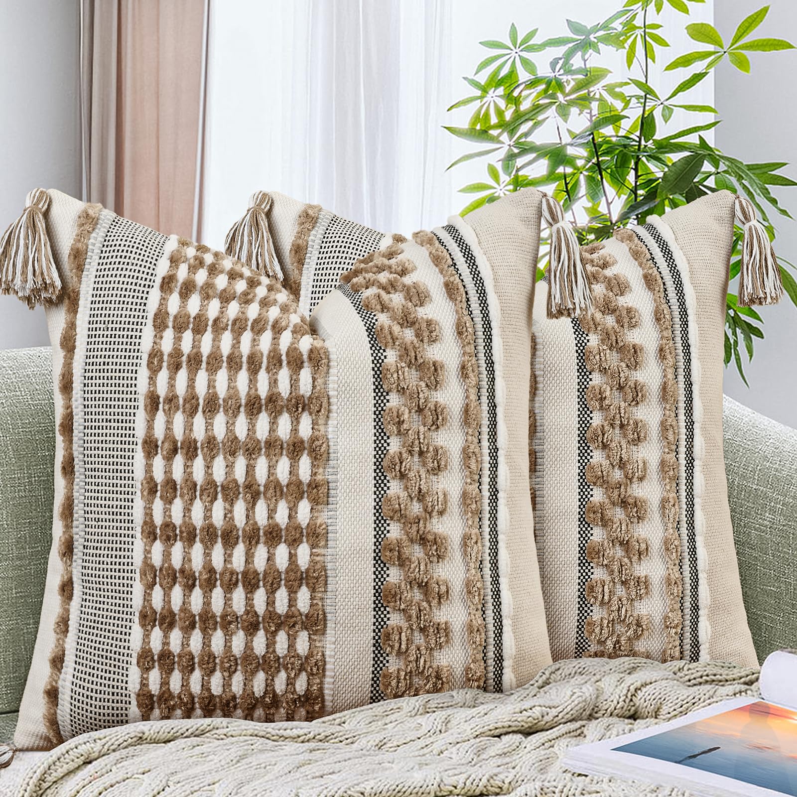 AmHoo Chenille Striped Textured Boho Throw Pillow Covers Aesthetic with Tassels Woven Decorative Pillow Case for Couch Bed Sofa Bedroom Modern Funky 18 x 18-Inch Brown
