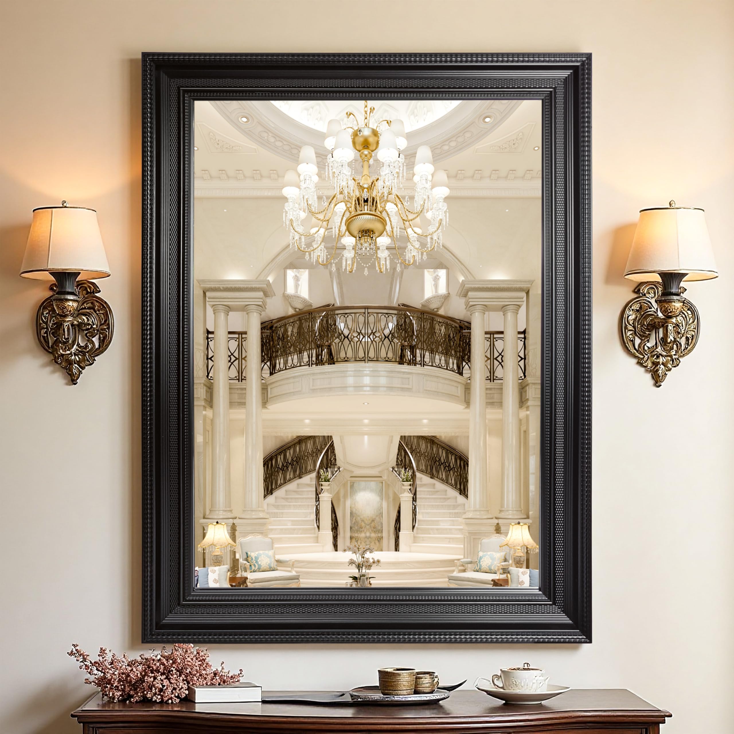 ROLOVE 23x34 Inch Antique Black and Gold Mirror for Wall, Ornate Baroque Decorative Mirror, Rectangle Vintage Wall Mirror for Fireplace & Entryway, Bathroom, Shatterproof Glass, Waterproof Frame