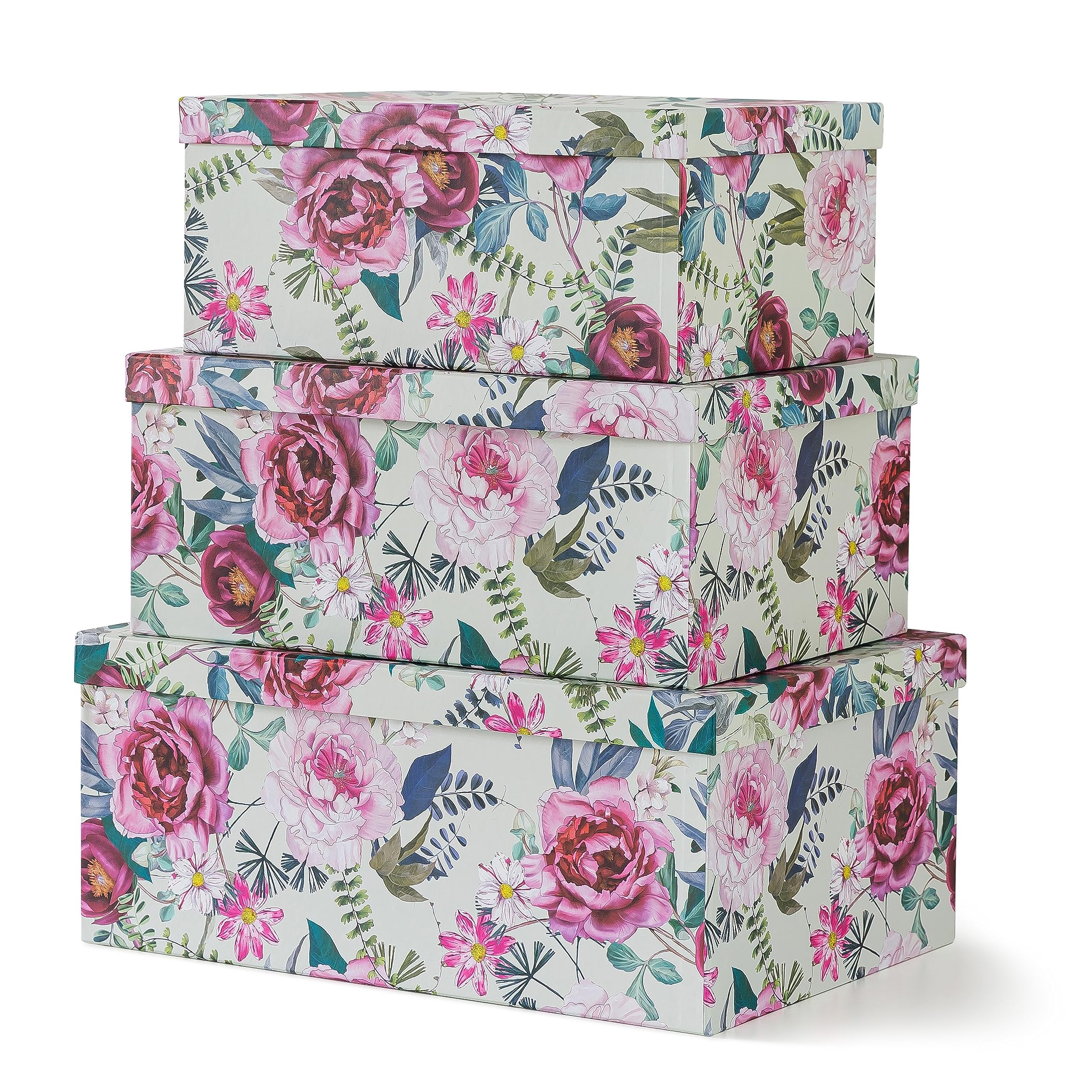 Soul & Lane Decorative Cardboard Storage Boxes with Lids for Home Decor and Organization, Set of 3 Large Keepsake Boxes for Memories & Gifts, Nesting Floral Photo Storage Containers, Beauty in Bloom